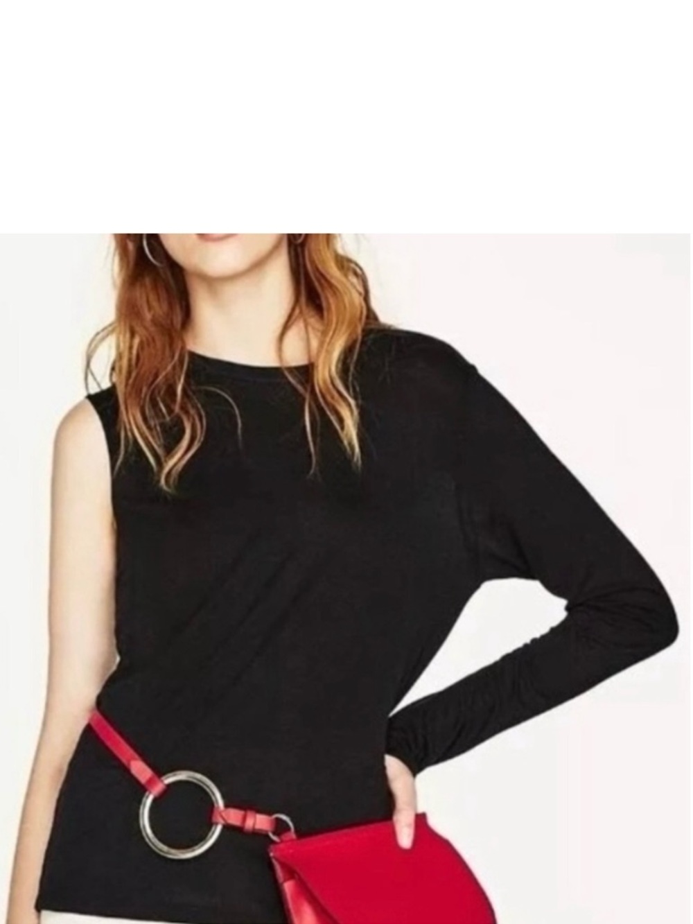 Zara W&B Black One-Sleeve Long Sleeve T-Shirt Size Large Asymmetrical New NWT